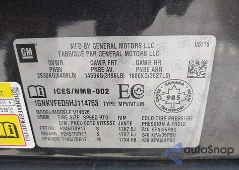 2017 Chevrolet Traverse Ls из США, поврежденный, VIN 1GNKVFED9HJ114763